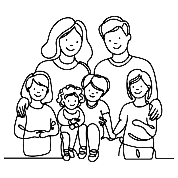 Un'arte a linea nera continua che disegna una famiglia felice, padre e madre, con scarabocchi di bambini.