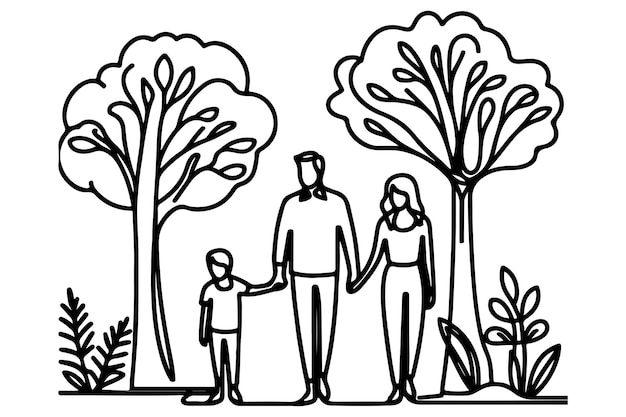 継続的な1つの黒いラインアート絵 幸せな家族のシルエットが木と手を握っている