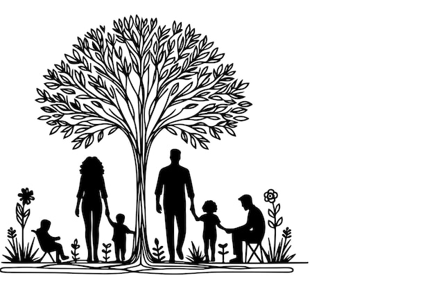 Continuous one black line art drawing Silhouettes of happy family holding the hands with tree