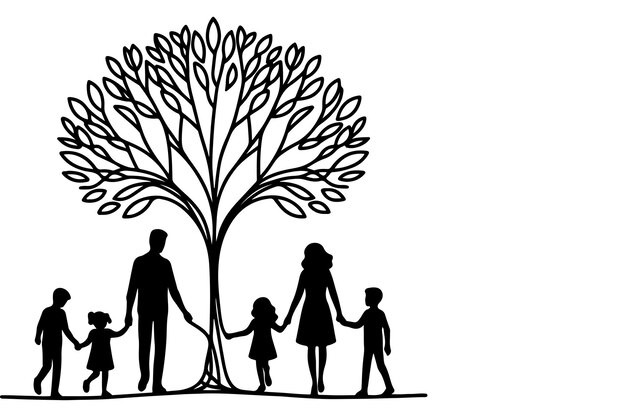 継続的な1つの黒いラインアート絵 幸せな家族のシルエットが木と手を握っている