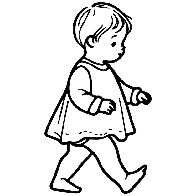 Vettore disegno a mano continuo di una linea nera bambino che cammina scarabocchi delineando i personaggi dei cartoni animati