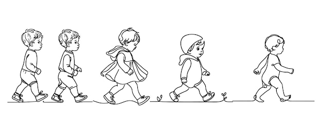 Continuous one black line art hand drawing child walking doodles outline cartoon characters set