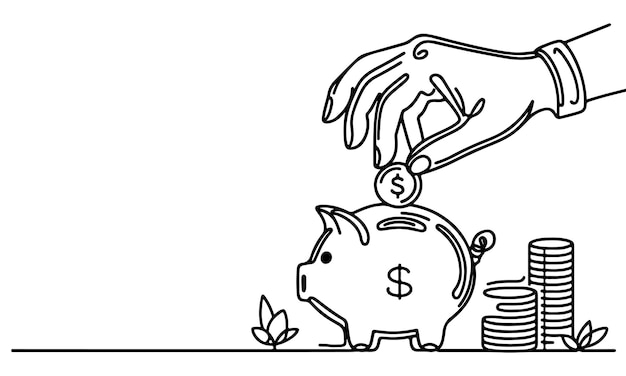 continuous one black line hand putting coins falling in Piggy bank doodle style vector