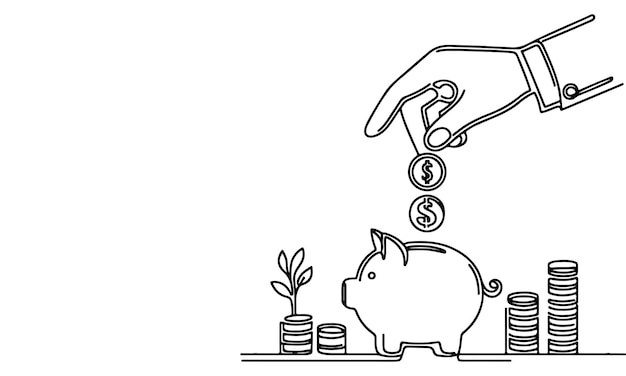 continuous one black line hand putting coins falling in Piggy bank doodle style vector