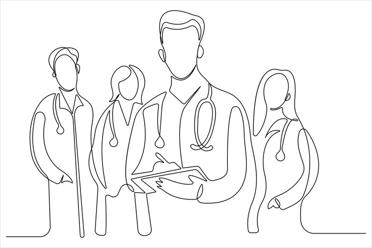 Continuous one line art drawing of doctors team vector doctor day