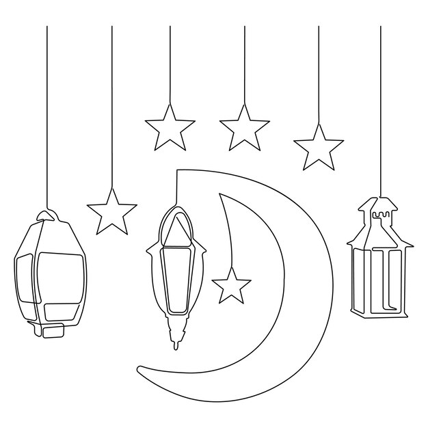 Vector continuous one line art drawing of ramadan kareem with lantern and star moon outline art vector