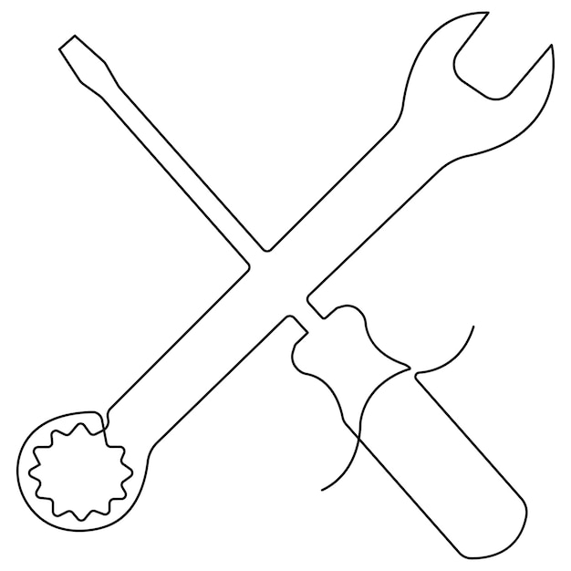 Непрерывный однолинейный рисунок икона инструмента ремонта Символ сервисного центра Инженерный день