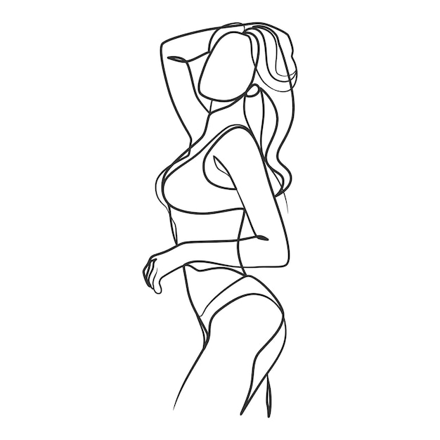 Непрерывный однолинейный рисунок женского тела в бикини. Минималистская красота молодой девушки. Женская фигура