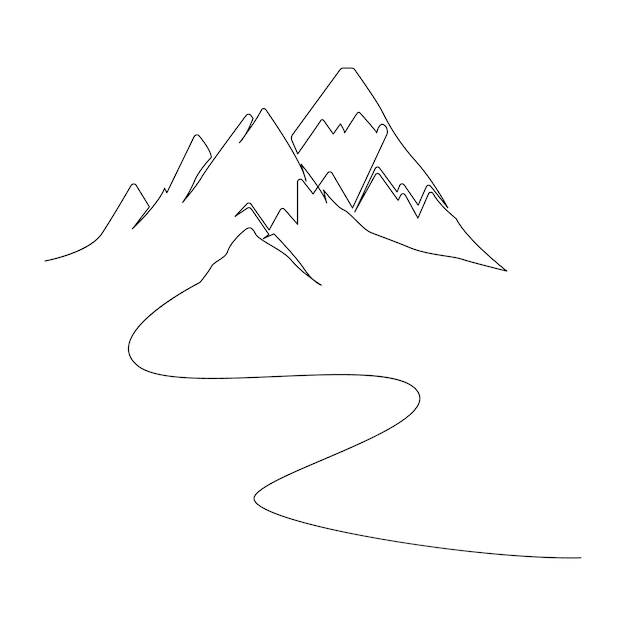 プロベクトルミニマリストの山のイラストを手で描いた連続的な1ラインアート