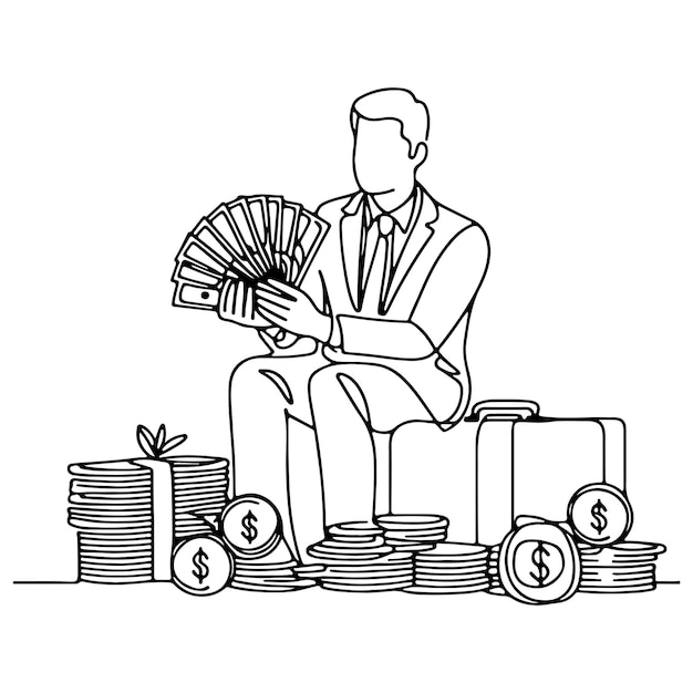 continuous one line businessman displaying a spread of us dollar cash holding money to showing