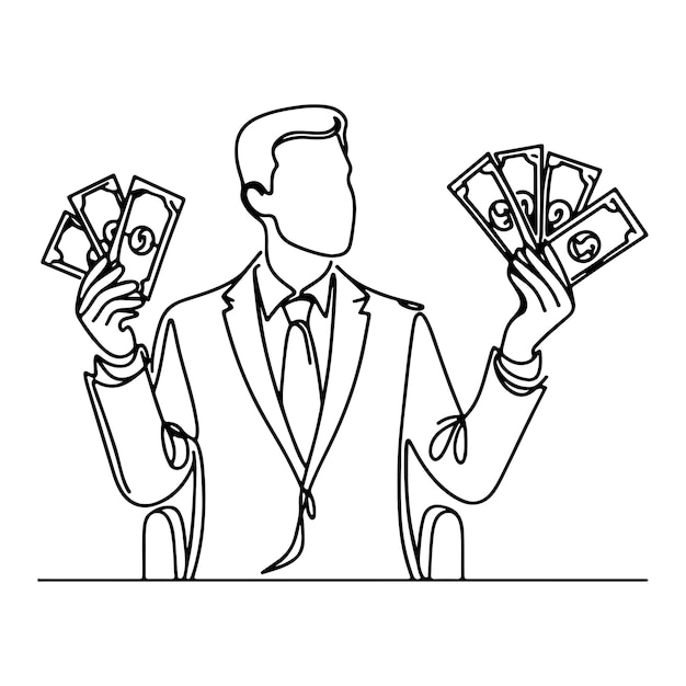 continuous one line businessman displaying a spread of us dollar cash holding money to showing