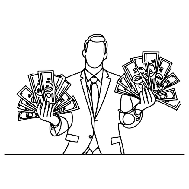 continuous one line businessman displaying a spread of us dollar cash holding money to showing