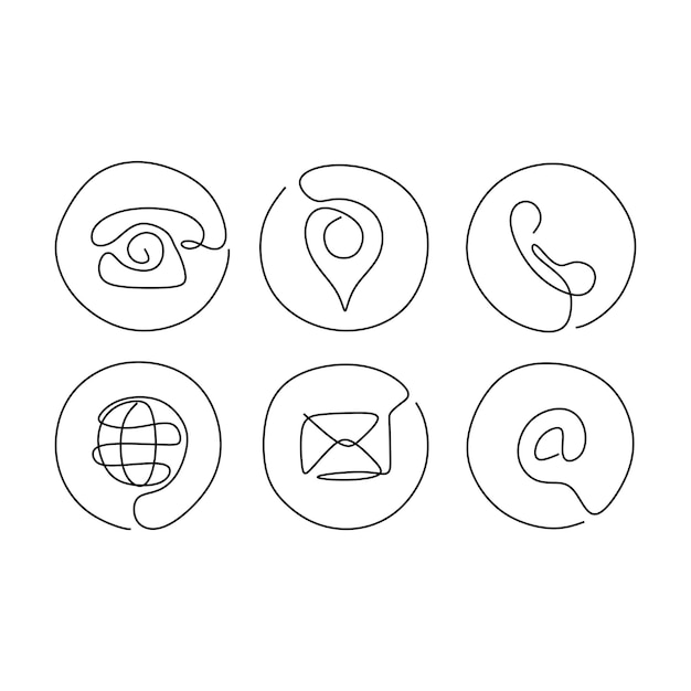 Continuous one line of communication icons Phone map globe mail and at symbol in single line style isolated on white background