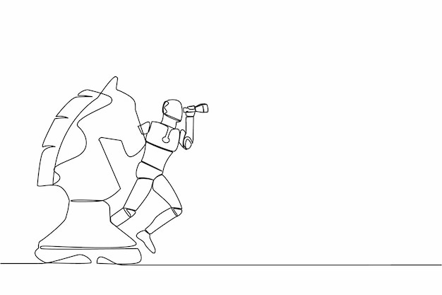 Vettore robot a disegno continuo di una linea in piedi su un pezzo di scacchi a cavallo usando il telescopio per vedere la visione aziendale