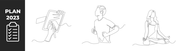 Непрерывный рисунок одной линии Концепция планирования 2023 года Ручной план на заметку занятия спортом и йогой Однолинейный рисунок дизайн векторной графической иллюстрации
