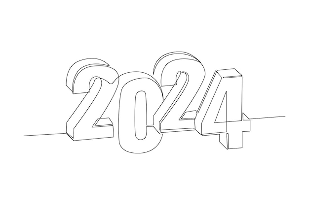 Continuous one line drawing 2024 Happy New Year logo text design Doodle vector illustration