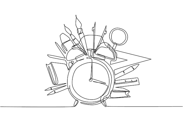 Continuous one line drawing of alarm clock with book magnifier triangle ruler pen design vector