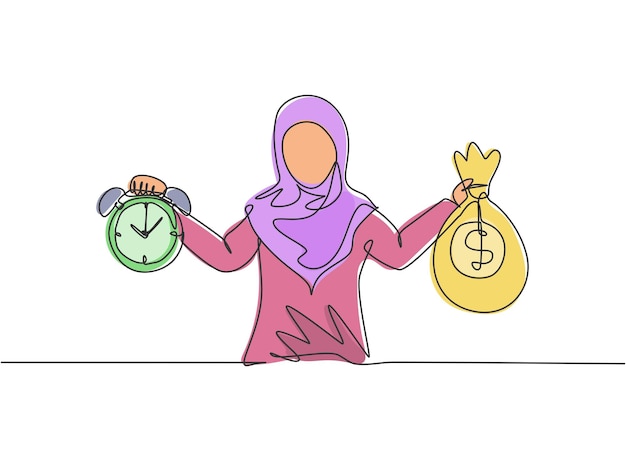 Continuous one line drawing Arab female worker holding money bag and clock with her hands vector