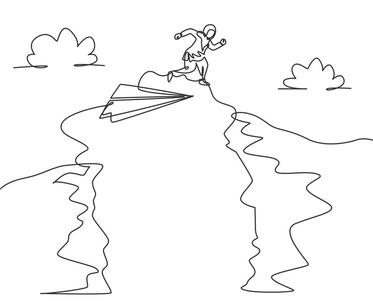 Vector continuous one line drawing arab female worker jumping from paper plane to the top mountain vector