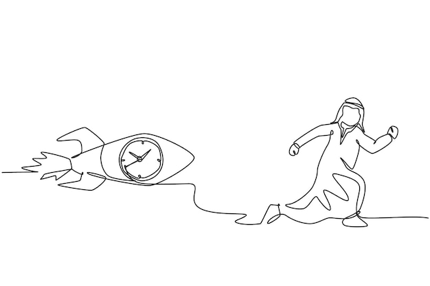 Continuous one line drawing Arab male worker chased by rocket with clock inside rush hour vector