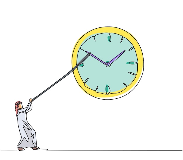 ロープベクトルで時計回りにアナログ壁時計を引っ張る連続一行描画アラブ男性労働者