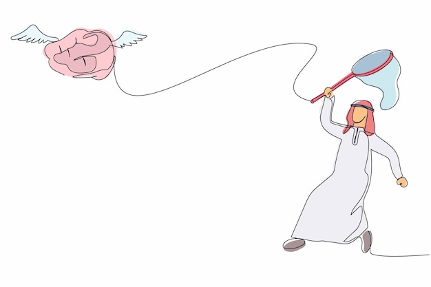 Непрерывная одна линия рисует арабский бизнесмен пытаются поймать летающий мозг теряет здоровый