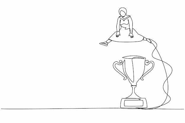 Continuous one line drawing Arabian businesswoman jumping over the big trophy Challenge in business