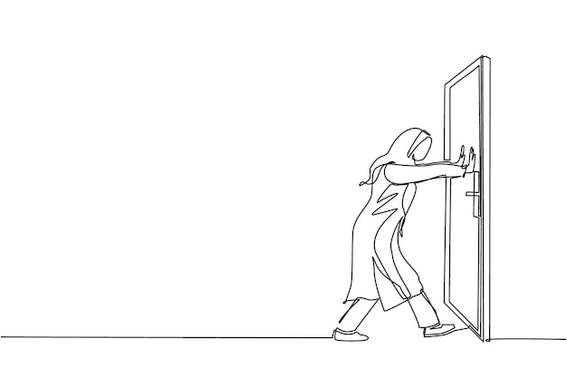 Continuous one line drawing Arabian businesswoman pushes closed door on white wooden door vector