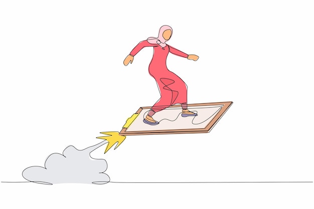 连续的一线绘画阿拉伯商女骑着剪贴板火箭在天空飞行插图