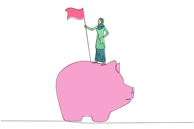 Vector continuous one line drawing of arabian businesswoman standing on big piggy bank holding flag vector