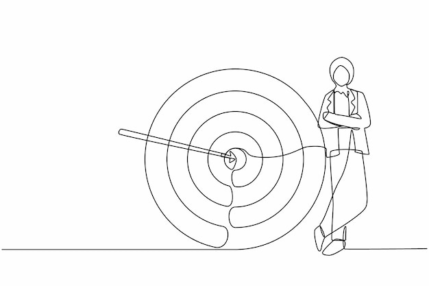 Continuous one line drawing Arabian businesswoman standing next to target Successful business