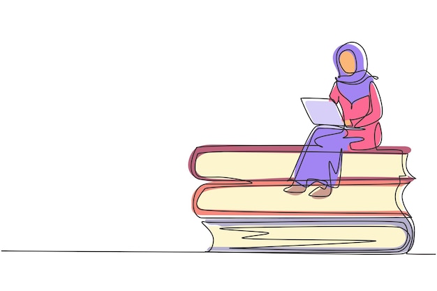 Vettore disegno continuo di una linea femmina araba che studia con il portatile e si siede su una pila di grandi libri