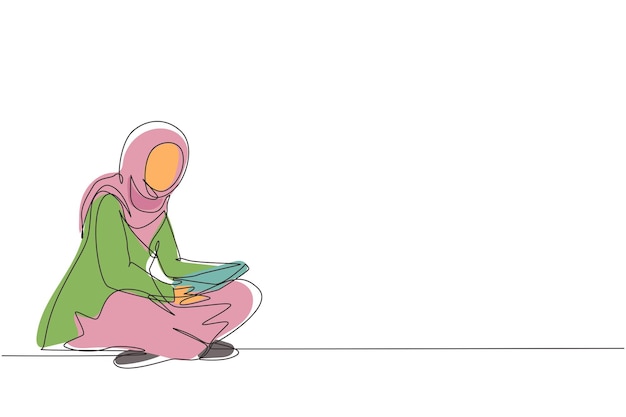 Disegno continuo di una linea di una signora araba seduta sul pavimento a leggere un libro attività di svago rilassamento.