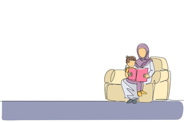 Continuous one line drawing Arabian mother reading a book to her son on sofa Islamic family vector