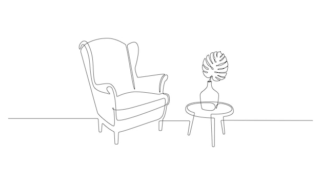 Continuous one line drawing of armchair and table with vase with monstera leaf Retro stylish furniture for living room or cozy hotel concept in simple linear style Doodle vector illustration