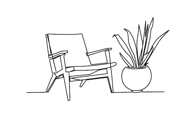 Continuous one line drawing of armchair and with potted plant Vector illustration