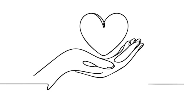 継続的な1行の絵 腕が心臓を握っている 慈善寄付 線形の概念 白に隔離されたベクトル