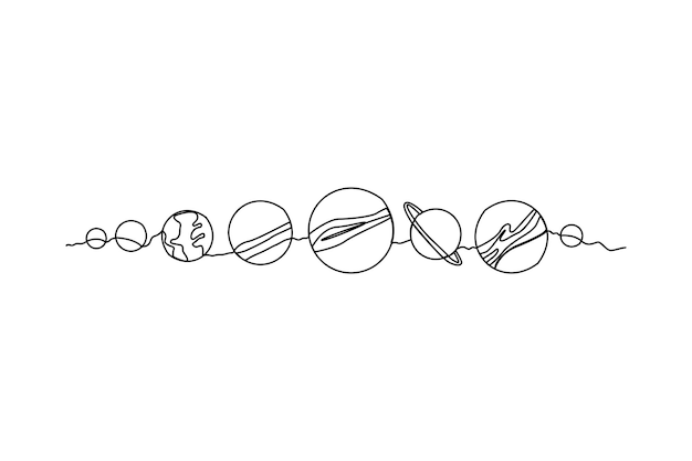 Continuous one line drawing arrangement of planets in space space concept single line draw design vector graphic illustration