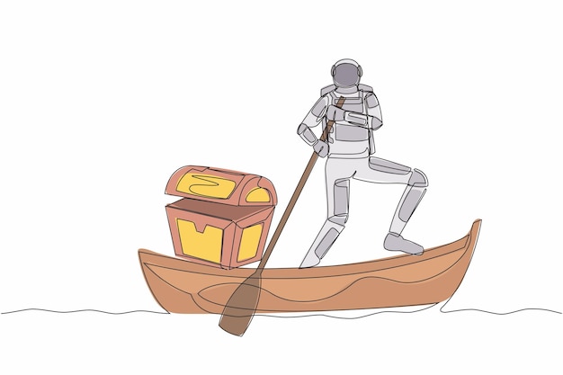 Continuous one line drawing astronaut sailing away on a boat with treasure chest Money laundering