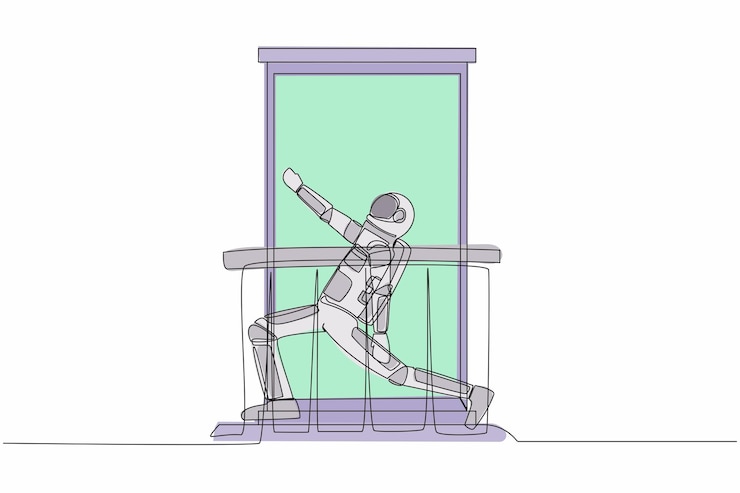 Vector continuous one line drawing astronaut with headphones practices yoga near a window or balcony