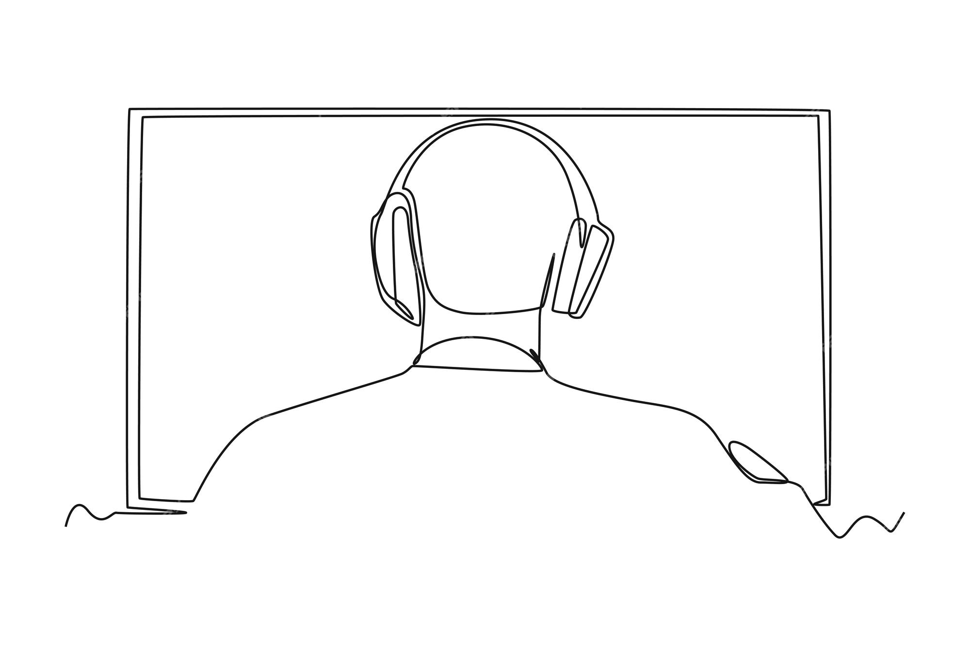 A young man with headset looking at monitor computer. Continuous one line  drawing of a gamer playing games with computer monitor, headphone, mouse,  and keyboard. Sparring game online concept 2099816 Vector Art