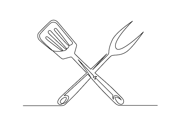 Непрерывный однолинейный рисунок вилки для барбекю и шпателя