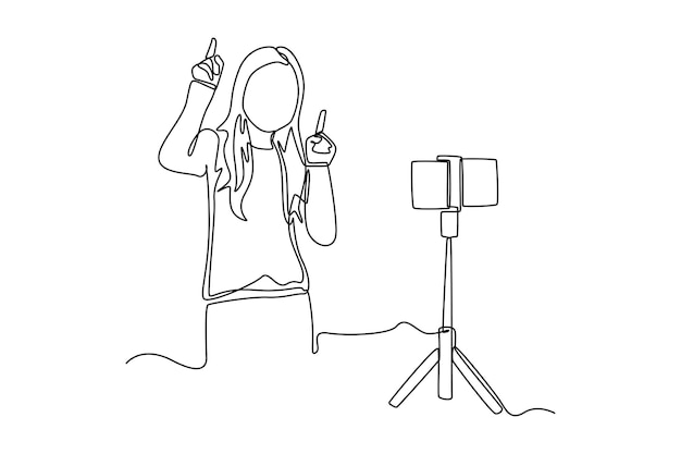 連続1線画美しい女の子は、スマートフォンのカメラの前で踊っている自分のビデオを録画して楽しんでいます.vlogのコンセプト.単線の描画デザインベクトルグラフィックイラスト.