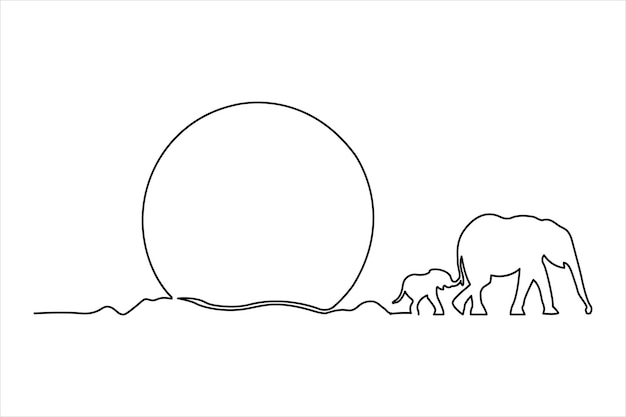 Disegno continuo di una linea di un bellissimo paesaggio del tramonto arte a linea singola di un elefante bambino elefante