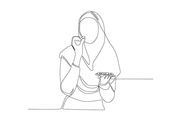 Continuous one line drawing beautiful young muslim girl with a hijab eating dates to break feast Eating activity concept Single line draw design vector graphic illustration