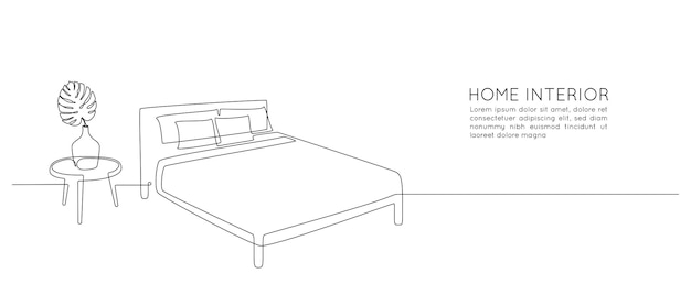 モンステラの葉と花瓶とベッドとテーブルの連続一線画シンプルな線形スタイルで睡眠寝室のためのスカンジナビアのスタイリッシュな家具編集可能なストローク落書きベクトルイラスト