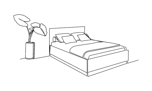 Vector continuous one line drawing of bed and with potted plant vector illustration