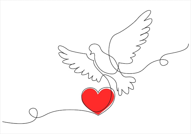 Vector continuous one line drawing of bird holding love shape vector art illustration