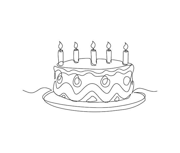 촛불 파티 기념일 및 축하 개념 미니멀리즘 손으로 그린 벡터 일러스트와 함께 생일 케이크의 연속 한 선 그리기