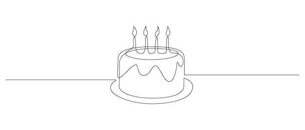 キャンドルとバースデーケーキの連続一線画甘いお祝いトルテとペストリー菓子のシンボルシンプルな線形スタイルのアイコンの概念編集可能なストローク落書きベクトル図